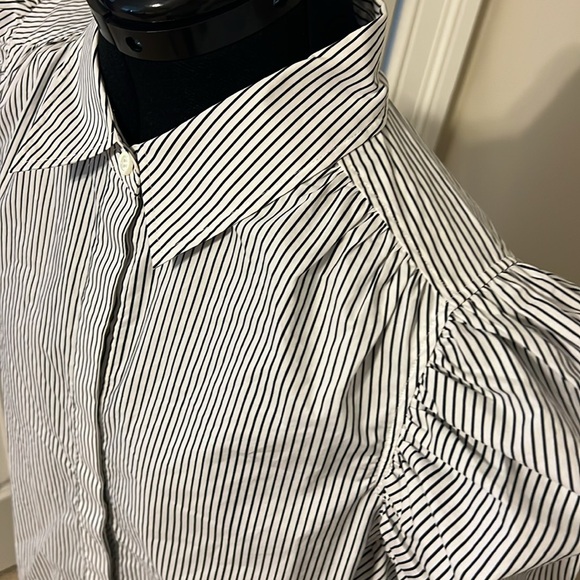 FRAME DENIM Ruched Puff Sleeve Shirt Blouse White with Black Stripes - Picture 6 of 12